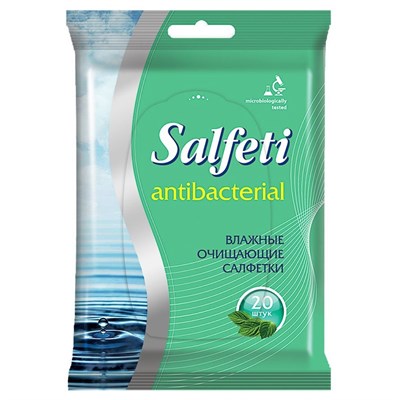 Влажные салфетки антибактериальные SALFETI antibacterial с клапаном, упаковка 20 шт.